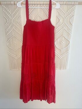 Red Sleeveless Eyelet Midi Dress with Smocked Bodice